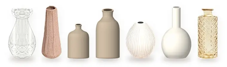 Vasen in verschiedenen Stilen: Glas, Keramik in Rosa, Beige und Weiß sowie bernsteinfarbenes Glas